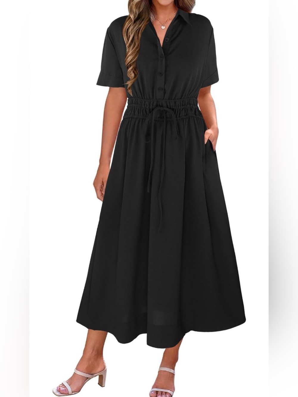 Black Collared Drawstring Waist Maxi Dress - Women
